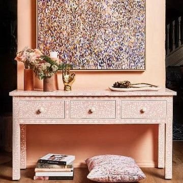 Jodha Furniture bone inlay 3 Drawer console in Blush     by Ashborn Furniture